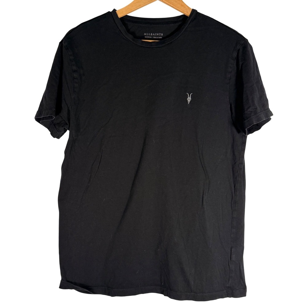 AllSaints Nic Tonic SS Crew Neck T-Shirt Black Organic Cotton Ramskull Logo M